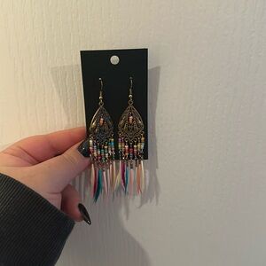 Multi colored beaded feather earrings